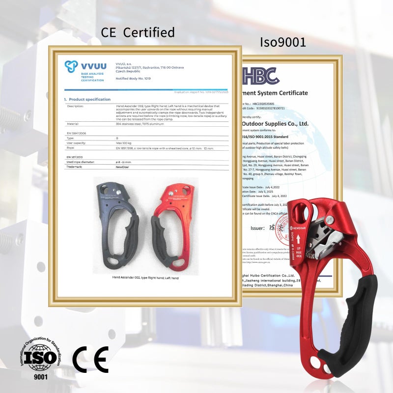 NewDoar UIAA & CE Certified Hand Ascender Rock Climbing Tree Arborist Rappelling Gear Equipment Rope Clamp for 8~12MM Rope(Red) - Image 3